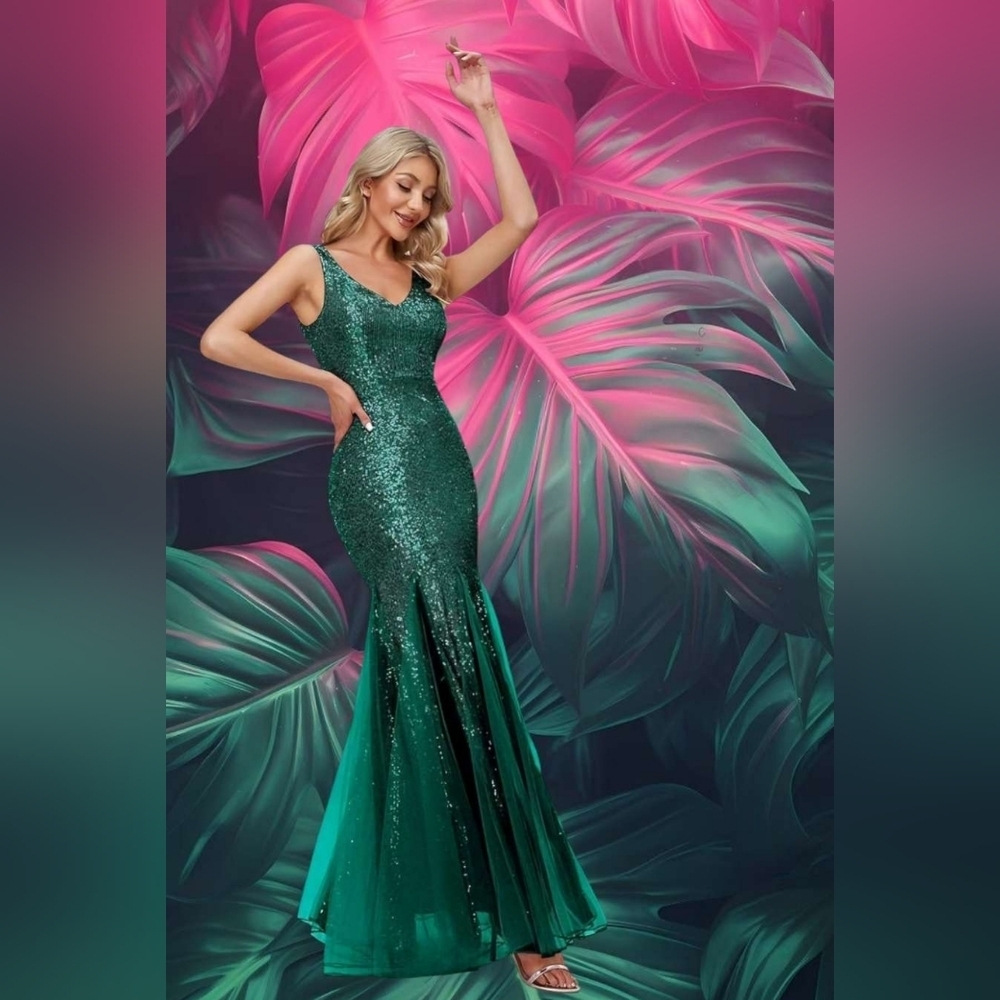 Green Sleeveless V-Neck Prom Gown
